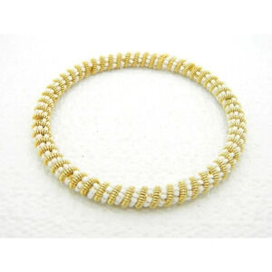 Gold Tone White Glass Bead Twist Bangle Bracelet